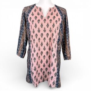 Pure Jill Folkloric Stamped Paisley Cotton Linen Tunic Top 3/4 Sleeve PS
